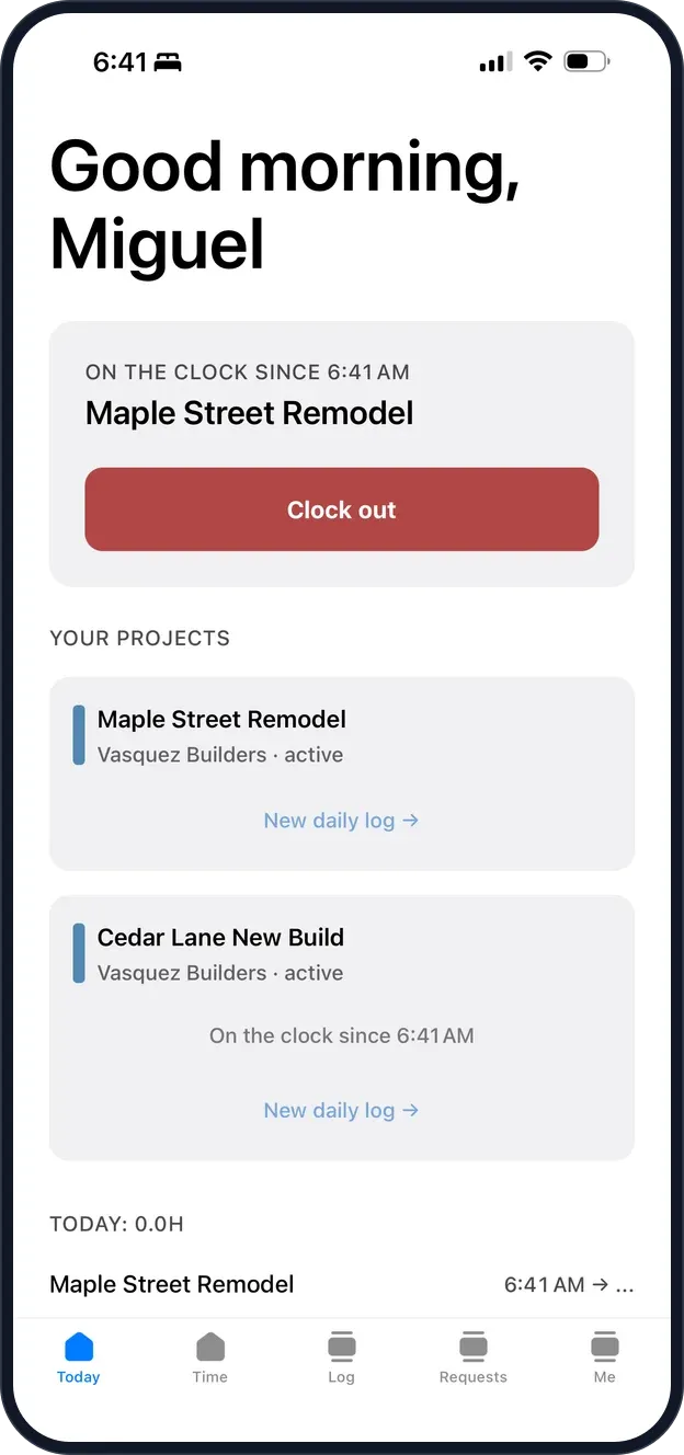 The Steelplumb crew app showing a worker clocked in to Maple Street Remodel with a clock-out button