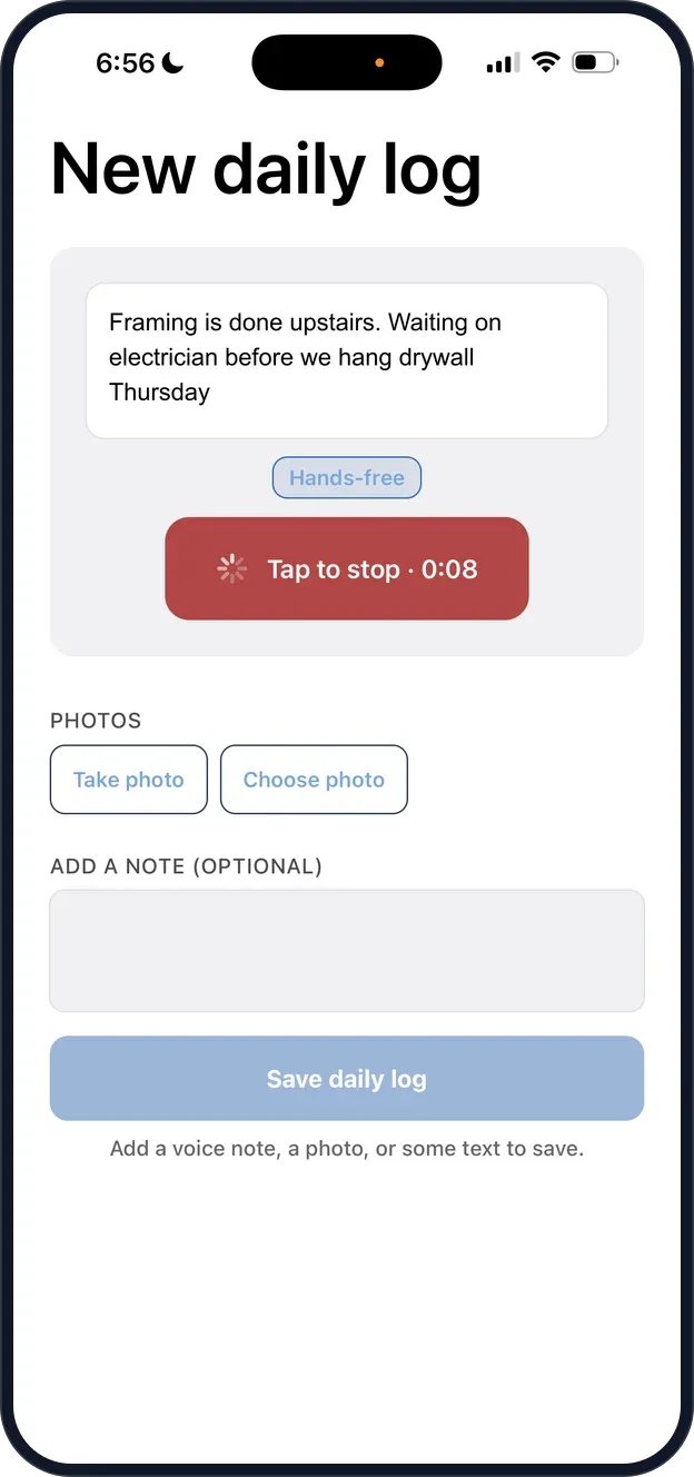 The crew app recording a daily log, with the spoken words appearing on screen as text