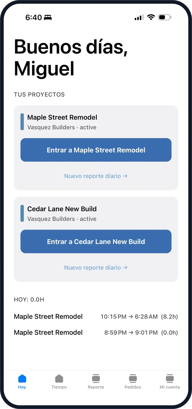 The same crew app screen in Spanish, reading Buenos dias, Miguel