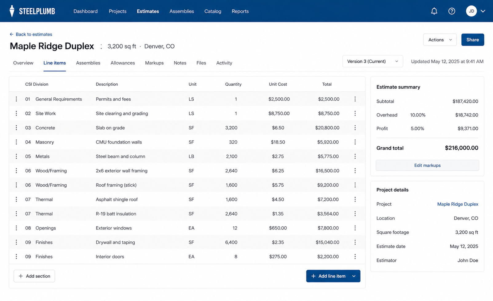Steelplumb line-item editor with the catalog picker open